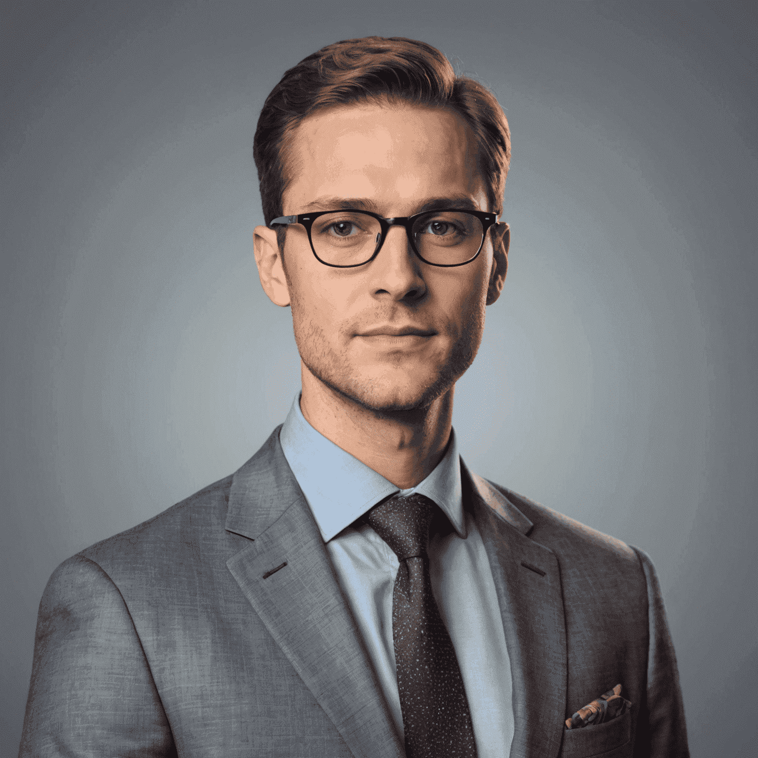 Porträtfoto von Max Müller, einem erfahrenen Kryptowährungsanalysten mit Brille und grauem Anzug.