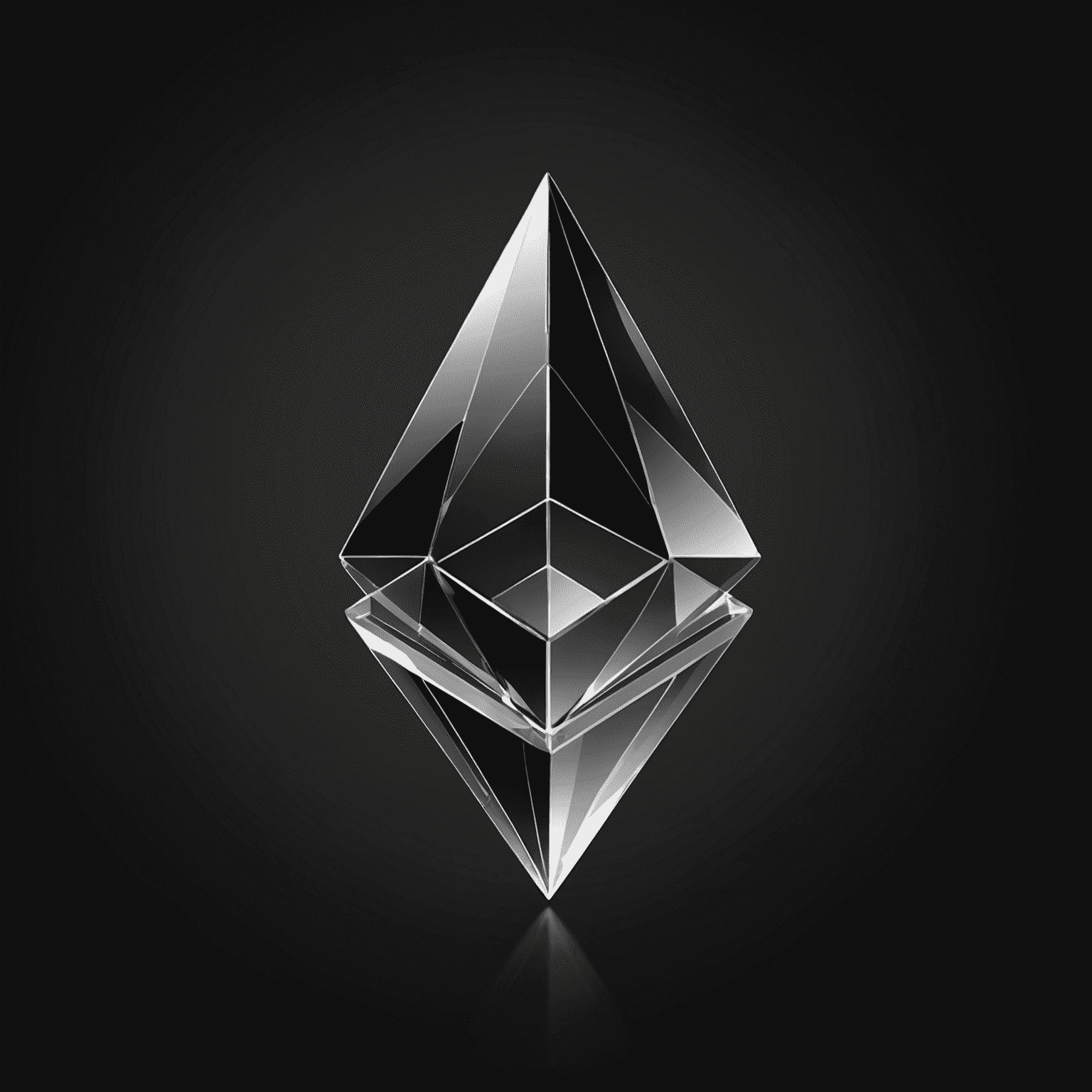 Das Ethereum-Logo, bestehend aus einem kristallförmigen Objekt in Grautönen auf schwarzem Hintergrund